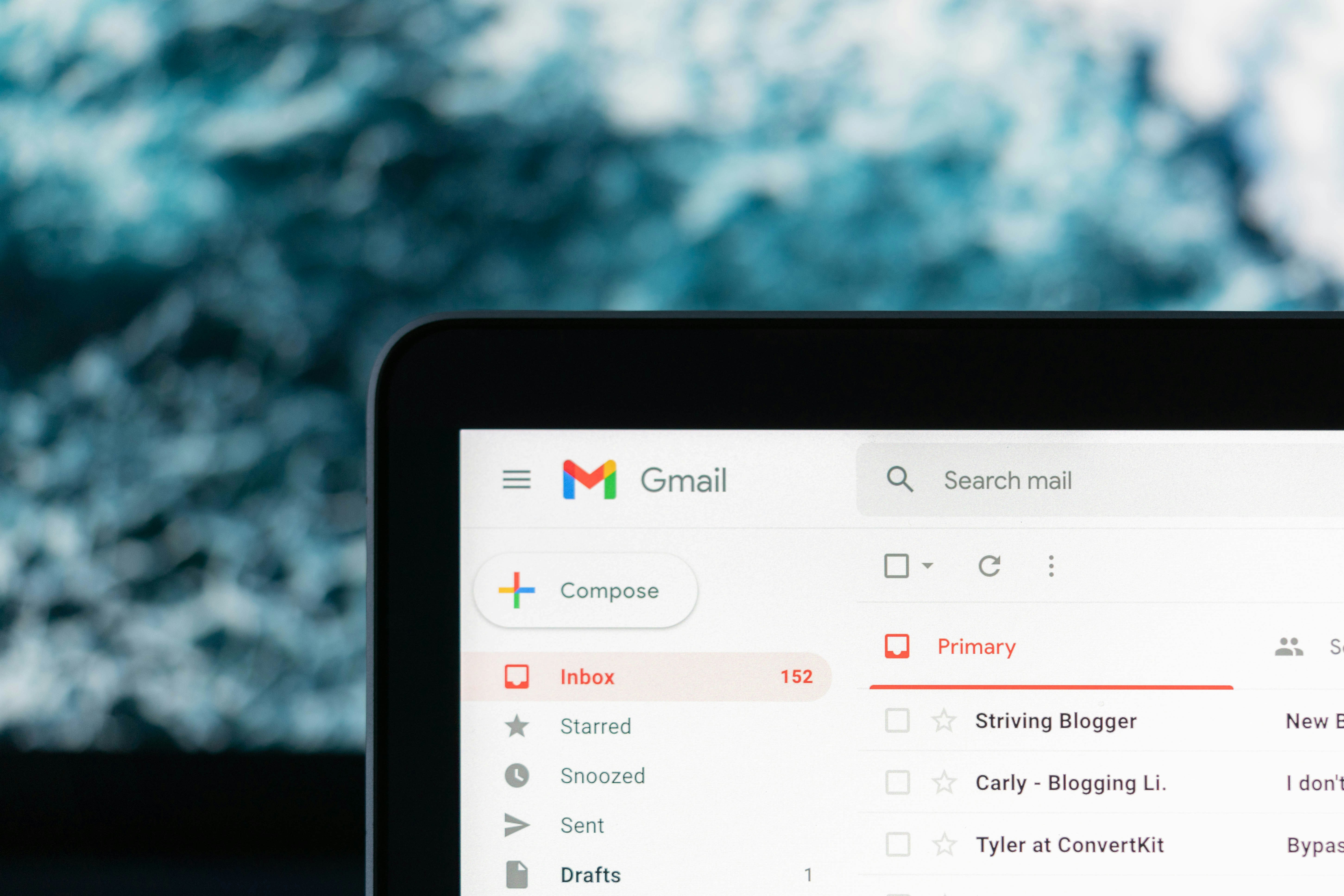 Close up photograph of someones email inbox